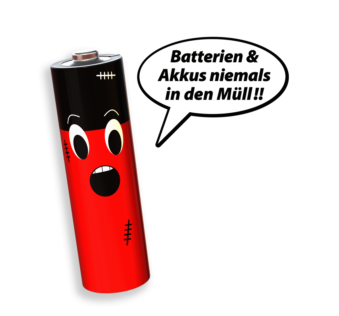 Batterie mit Gesicht und Sprechblase: Batterien & Akkus niemals in den Müll!